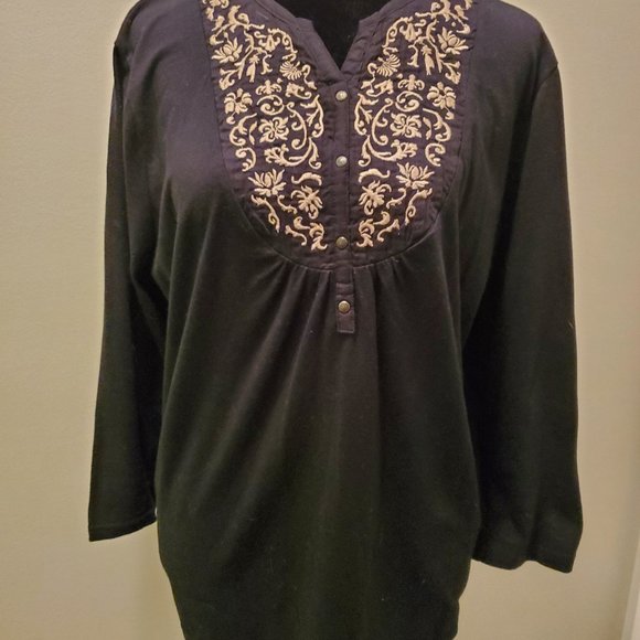 Black & Tan Embroidered  Peasant Top - Picture 1 of 4
